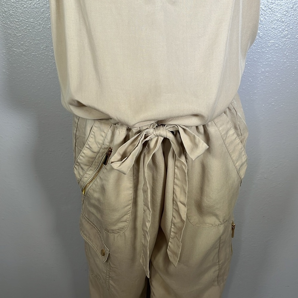 Vintage Y2K Cache sleeveless tan casual waist tie utility jumpsuit sz M - Picture 5 of 8